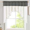 Likiyol Linen Valances for Windows Farmhouse Ruffle Swag Valance Rustic Country Window Valances Light Filtering Kitchen Curtains Rod Pocket Valance Curtains for Bathroom Cafe, Grey White, 60"W x 36"L