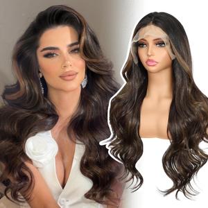 Synthetic Lace Front Wig for Women 13x4 Body Wave Dark Brown Highlight Wigs Pre-plucked Long Wavy 150% Density Heat Resistant Hair Daily Use 26 Inch