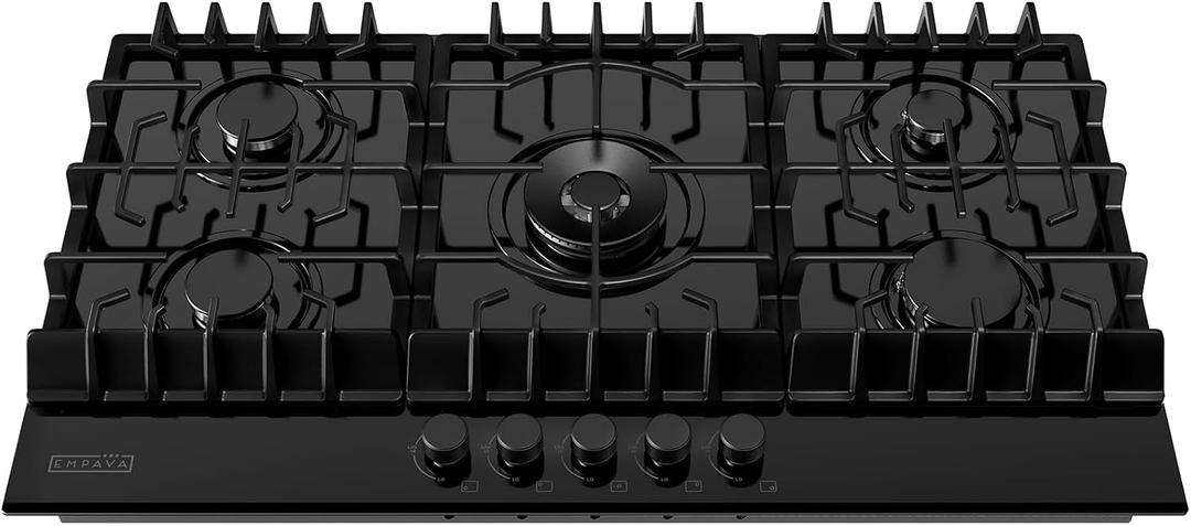 Empava 36" Gas Stove Cooktop NG/LPG Convertible with 5 Italy Sabaf Sealed Burners in Black Tempered Glass
