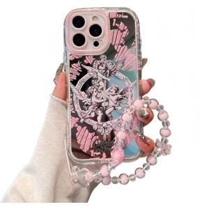 Compatible with iPhone 15 Plus Case, Angel Cupid Pattern Design,Shiny Mirror Case,2-in-1 with Beaded Wrist Strap,Soft TPU Frame, Shockproof and Anti-Shock, Suitable for Women & Girls