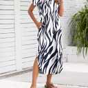MISFAY Women's Summer Casual Maxi Dress 2026 Short Sleeves V Neck Loose Sundress Split Long Beach T Shirt Dress Vacation Outfits(Navy Blue Leaf,S) (S)