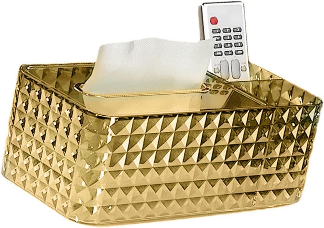 Gold Tissue Box Cover, Tissue Holders Decorative, Rhombus Texture Tissue Box Cover Holder with Remote Control Box Tissue Box Holder Rectangular Tissue Holder for Bathroom/Dresser