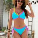 Fayenne Color Block Bikini Sets for Women Cheeky Metal Ring Cutout 2 Piece Swimsuit Adjustable Straps Drawstring Bathing Suit M 