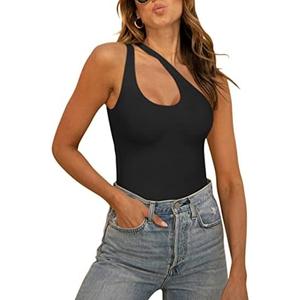 REORIA Butsmooth® Women's Trendy Sexy Plunge One Shoulder Sleeveless V Backless Going Out Tank Bodysuits Tops XL