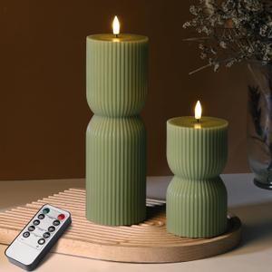 Olive Green Ribbed Flameless Pillar Candles with Remote, LED Candles Battery Operated Flickering Real Wax Set of 2