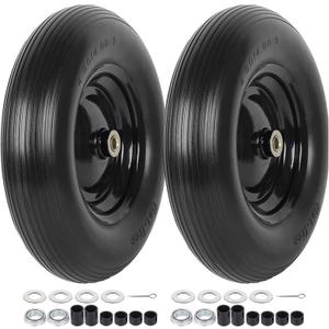 (2-PACK) 4.80/4.00-8" Tire and Wheel - Universal Fit 16" Flat Free Solid Wheelbarrow Tires with 3" Hub and 5/8" Bearings  Extra Adapter kit includes 3/4" Ball Bearings, 1" and 1/2" Nylon Spacers
