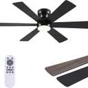 Asyko Ceiling Fans with Lights,46" Low Profile Ceiling Fan with Light and Remote Control,Flush Mount, Reversible, Dimmable, Noiseless, Black Ceiling Fan for Bedroom