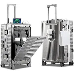 YYW All Aluminium Luggage With Spinner Wheels Lightweight PC hardside Rolling Suitcase, Built-In TSA lock Carry on Suitcase, with Cup Holder, USB Port, Phone Holder (Silver,20inch/35x23x55cm)