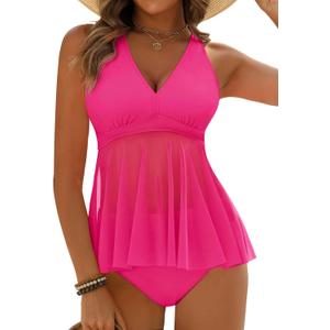 Dridreo Hot Pink Swimsuits for Women 2026 Tummy Control Tankini Sets Two Piece Full Coverage Bathing Suit High Waisted Swimwear XL