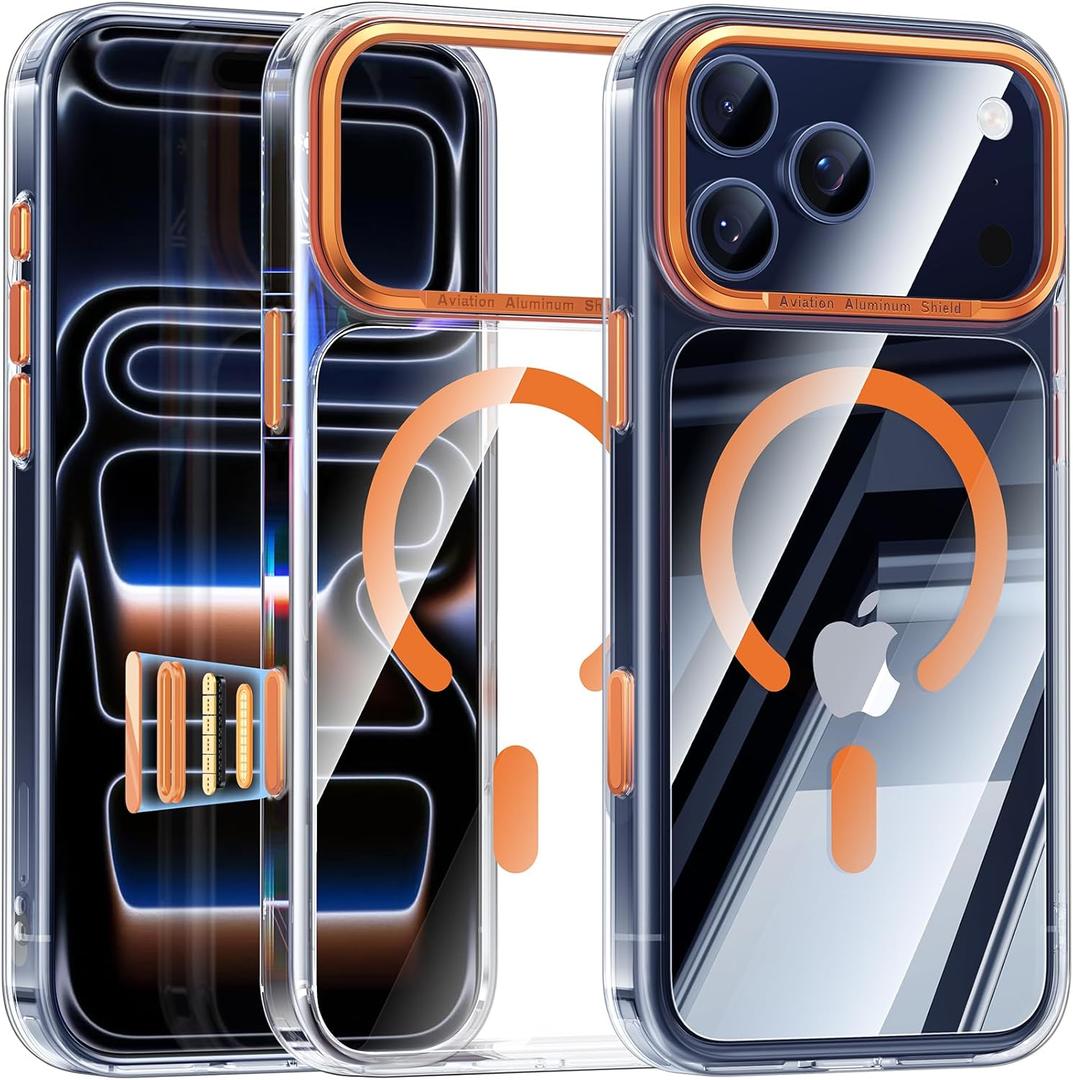 Maledan for iPhone 17 Pro Max Case Clear Orange - Aluminum Camera Frame Magnetic 17 Pro Max Case Fit for Mag Safe, Camera Control, Transparent Military Shockproof Phone Cover for iPhone 17 Pro Max