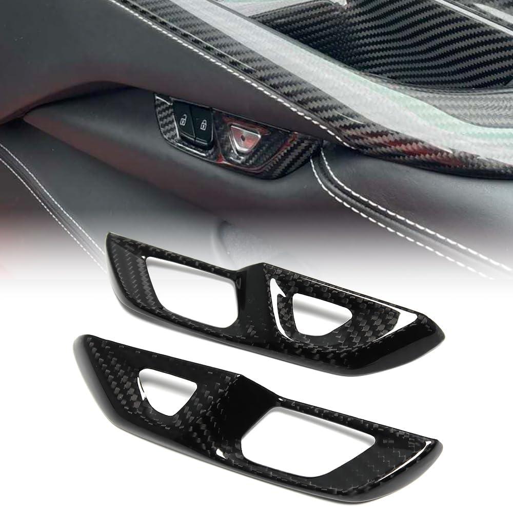 2pcs Inner Door Handle Cover for Corvette C8 Z06 Z51 ZR1 Coupe Convertible Stingray 2020 2021 2022 2023 2024 2025 2026, Genuine Carbon Fiber Door Lock Switch Button (Black)