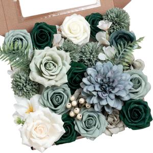 Green Flowers Artificial Roses Combo Set Fake Green Silk Flowers Faux Flowers Mix Dahlia Chrysanthemum with Stems for Wedding Bouquets Baby Bridal Shower Party St Patricks Day Decor (The Modern Classic)