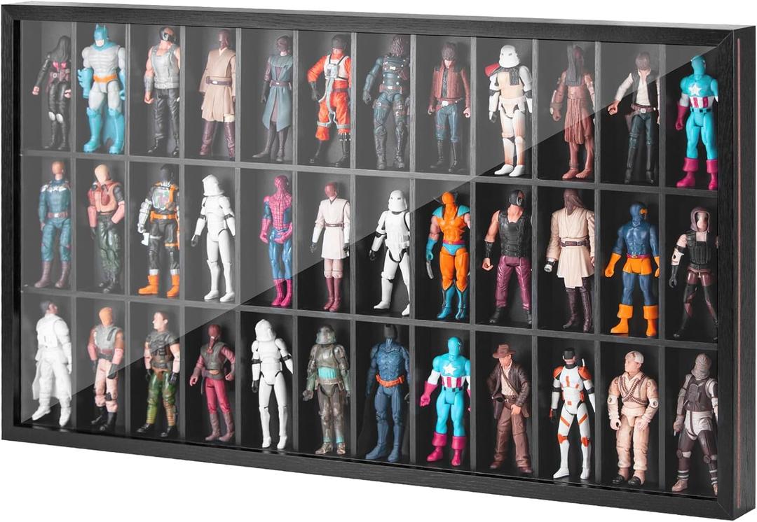 Wooden Display Case for 3.75 inch Action Figures, Wall Mounted 36 Compartments Collectors Showcase,Fit for 1/18 Scale Star Wars / GI Joe / Marvel Action Figure Toy Black