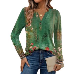 Dealmore Women's Boho Henley Printed Shirts V-Neck Tunic Tops (Green, L)