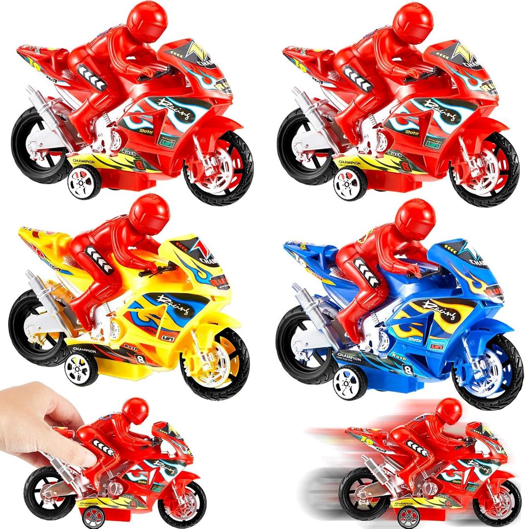 Civaner 4 Pieces Motorcycle Toys Set Miniature Motorbike Toys Plastic Friction Motorcycles Push Go Friction Powered Motorbikes for Birthday Party Favors Supplies Cake Toppers, Random Colors