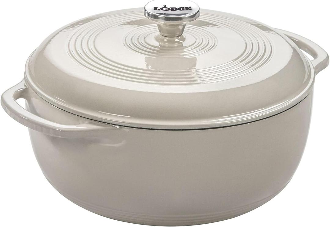Lodge Essential Enamel Cast Iron Dutch Oven 6 Quarts - Perfect for Bread Baking, Braising, Marinating & Slow Cooking - Features Moisture-Sealing Lid & Dual Handles - Kitchen Essentials - Oyster White
