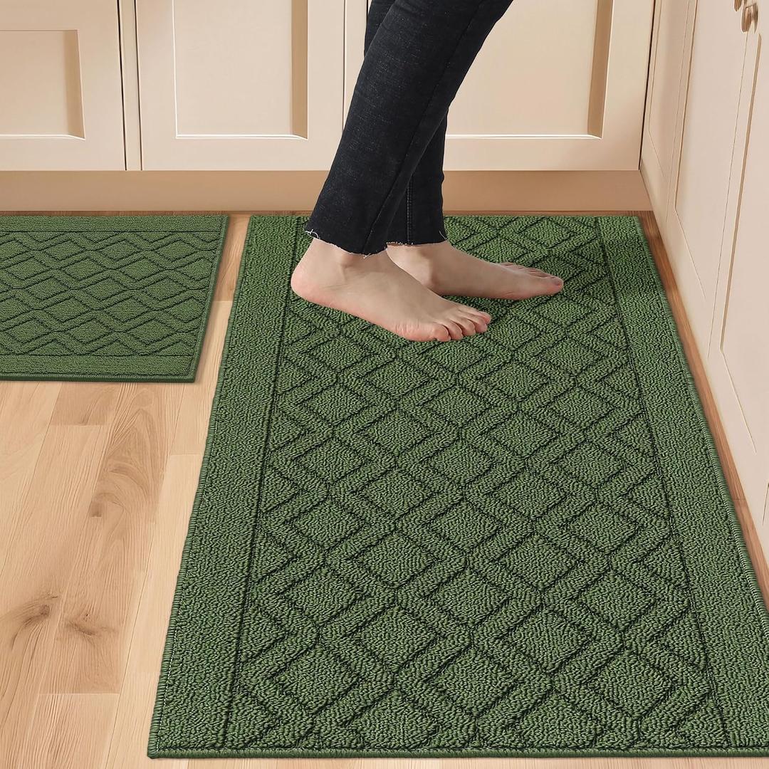 COSY HOMEER 48x20 Inch/30X20 Inch Kitchen Rug Mats Made of 100% Polypropylene 2 Pieces Soft Kitchen Mat Specialized in Anti Slippery and Machine Washable for Home Kitchen,Green