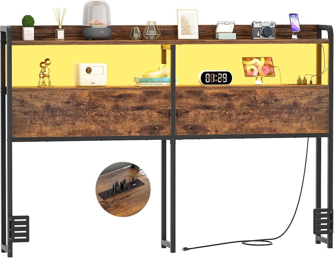 Aheaplus Headboard for Queen Size Bed Frame, Headboards with Outlets, USB Ports and LED Light, Head Board with Storage, Height Adjustable, Sturdy and Stable Headboard, Queen Size, Rustic Brown