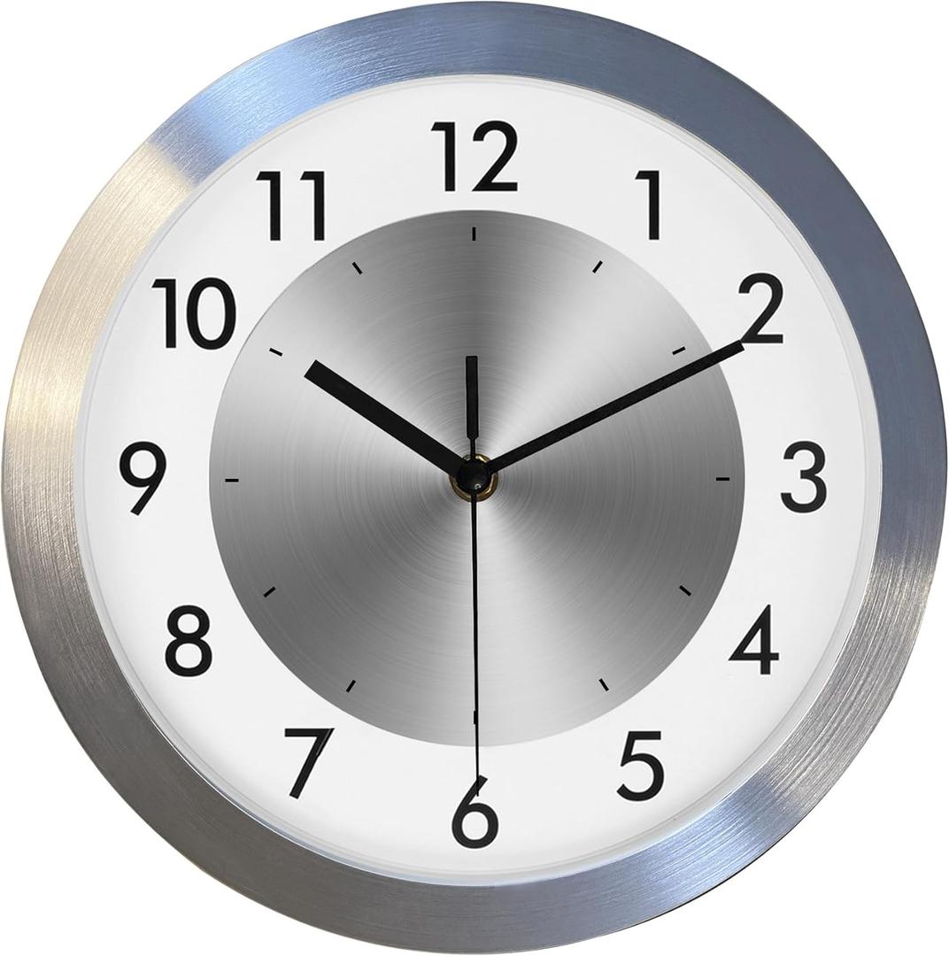 Non Ticking Silent Wall Clock Decorative,Analog Metal Wall Clock Battery Operated,Bedroom/Living Room/Office/Kitchen Clock,Silver,10 inch