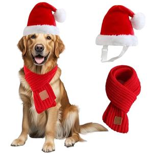 Santa Hat & Scarf Set for Medium Large Dogs, 2 PCS Adjustable Dog Christmas Costume, Fall Winter (Hat & Scarf, Large)