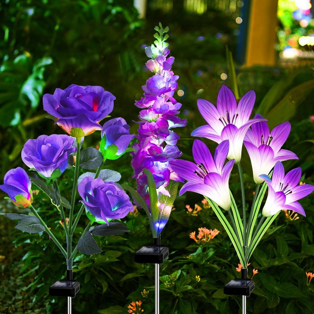 Solar Garden Lights Waterproof, 3 Pack Solar Flowers Lights Includes Lily Rose Delphinium, Gardening Gifts for Mom Grandma Women, 7-Color Changing Outdoor Decor for Garden Yard Patio Lawn