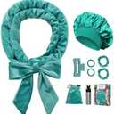 Gwabee No Heat Overnight Curl Headband, 70" Soft Ribbon Wrap for Long Hair, 9 PCS Hair Curling Rods Set - Blue Green