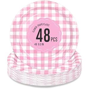 Polinook 48 Pcs Gingham Party Supplies Pink Paper Plates - 9 Inches Disposable Plaid Decorative Dinner Dessert Serving Plates - For Baby Shower Wedding Birthday Party