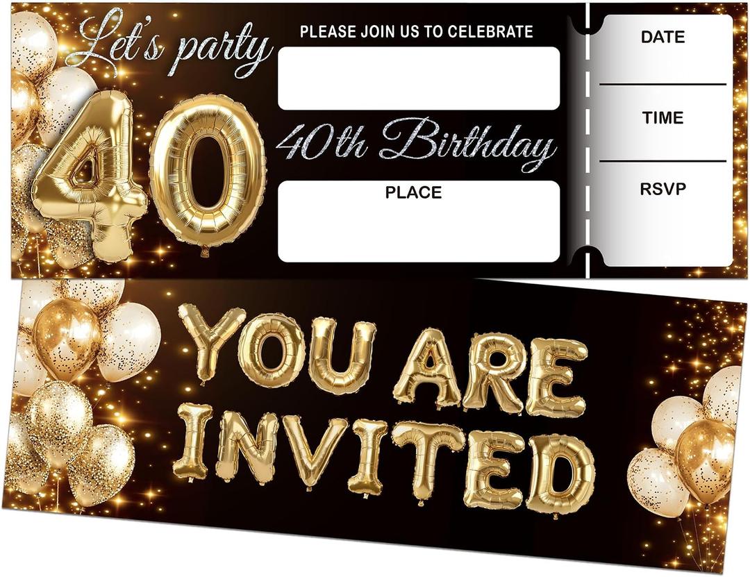 Let's Party Birthday Invitations, 40th Birthday Invites For Women Men, Gold Balloon Theme, 20 Invitations with 20 Envelopes, Party Favors Supplies Decorations(38inches) A08