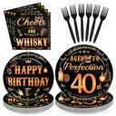 96 Pcs Whiskey 40th Birthday Party Supplies Aged To Perfection 40th Plates and Napkins Disposable Cheers and Whiskey Tableware Set for Men Vintage 40 Years Old Birthday Party Decorations Serves 24