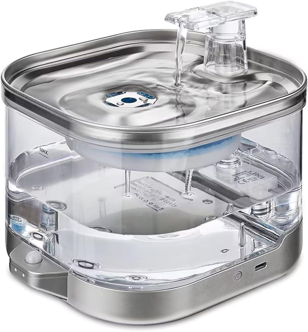 Cat Water Fountain, 2L/67oz Automatic Stainless Pet Water Fountain Battery Operated, 270Wide Sensor, 3 Replacement Filters, Dog Water Dispenser for Multiple Pets, Silver