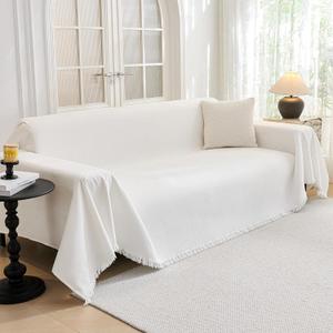 MYSKY HOME Sofa Covers for 2 Cushion Couch L Shaped Couch Cover Washable Couch Cover with Tassels Boho Couch Covers Non Slip Super Universal Soft Sofa Slipcover for Kids, Dogs, Pets, 71"x118", White