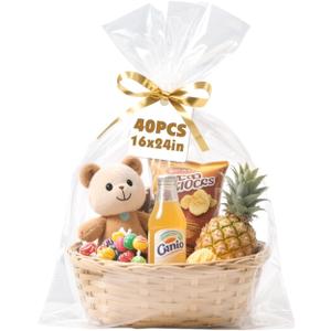 NUITPY 40 Pcs Cellophane Bags, 16 x 24 Inchs Cellophane Wrap for Gift Baskets, Durable Cellophane Gift Bag, Clear Basket Bag - Complimentary 40 Pcs Golden Twist Ties