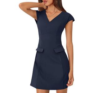 MEROKEETY Women's V Neck Work Business Dresses Elegant Formal Office Cap Sleeve Casual Mini Dress, Size: M