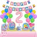 English Teacher Party Supplies, Fufuddz Rainbow Birthday Decorations Cartoon Teacher Party Plates and Napkins for Girls Boys 2nd Birthday Banner Balloons Tablecloth Candle, Tableware Set for 24 Guests