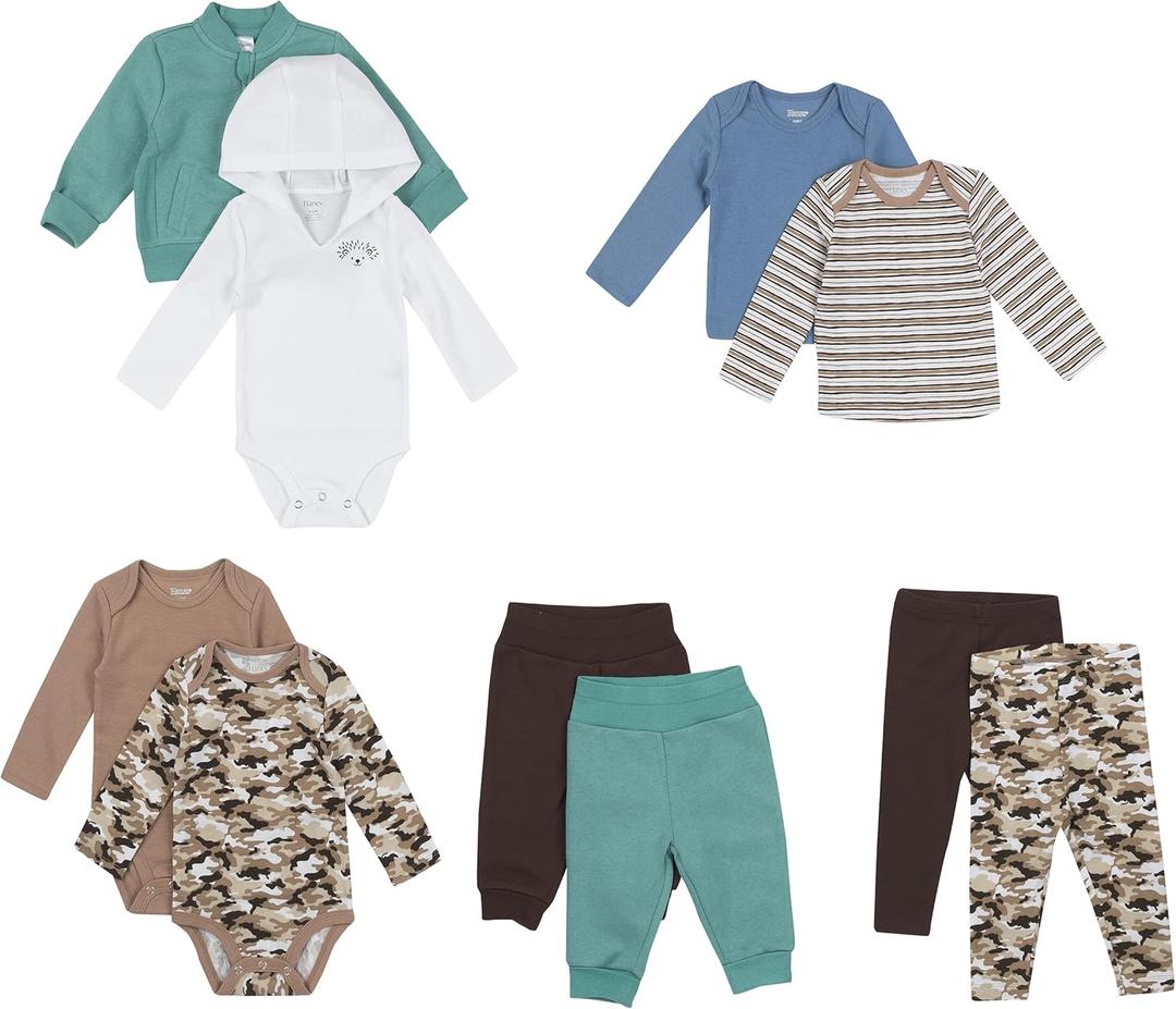 Hanes Baby and Toddler Flexy Soft 4-Way Stretch Knit and Fleece Wardrobe Gift Set (12-18 Months, Tan/Blue/Green/Brown)