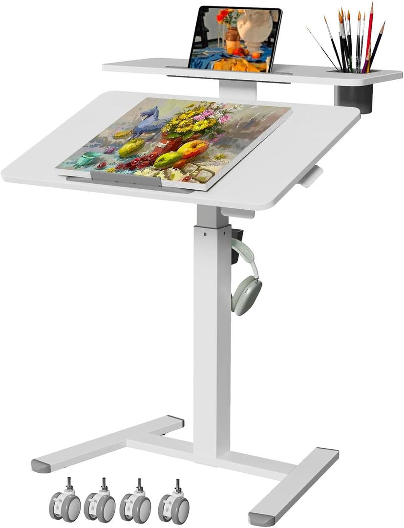 28Inch Mobile Standing Desk On Wheels Rolling Laptop Stand with Tiltable Desktop Small Computer Workstation Adjustable Height 2-Tier Portable Study Table with Storage Shelves White
