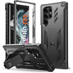 FNTCASE for Samsung Galaxy S22 Ultra Case: Builtin Screen Protector & Kickstand & BeltClip Holster, FullBody Dual Layer Rugged Heavy Duty Shockproof Protective Phone CoverBlack