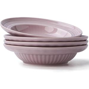Wide Rim Soup Bowls, 11oz Small Capacity Rimmed Pasta Bowls Set of 4, 8 Inch Ceramic Salad Bowl, Shallow Plates, Elegant Dinner Cereal Serving - Microwave Dishwasher Oven Safe - Purple