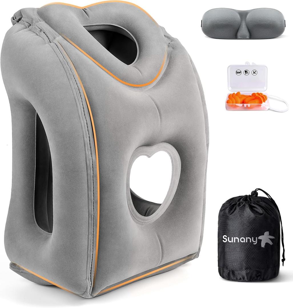 Sunany Travel Pillow, Upgraded Plane Pillow for Long Flights, Inflatable Neck Pillow Used for Airplanes,Cars,Buses,Trains,Office Napping with Eye Mask,Earplugs (Gray) (Medium, Grey (Head Heart-shape&sloping Base))