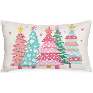 AACORS Christmas Pillow Cover 12X20 Inch Watercolor Christmas Tree Stars Decoration Holiday Farmhouse Winter Pillow Case for Sofa Couch DecorPink AA615-12