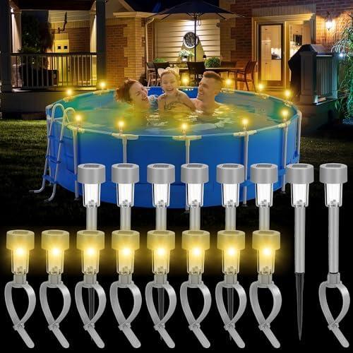 Hahood 16 Pack Gray Solar Pool Lights for Above Ground Pools LED Solar Lights Warm Yellow Light Waterproof Above Ground Pool Light for Frame Pools Decoration Swimming Pools Night Accessories