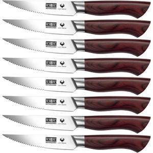 HOSHANHO Steak Knife Set 8 Pieces, 4.5 Inch Super Sharp High Carbon Stainless Steel Steak Knife Set, Professional Premium Serrated Precise Cutting with Ergonomic Wood Handle