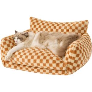 Hollypet Cat Bed Fluffy Plush Mutifuctional Double-Layer Soft Pet Couch Orthopedic Sofa Nest Beds for Small Cats and Dogs, Brown and Light Yellow (25x20x13 inch)