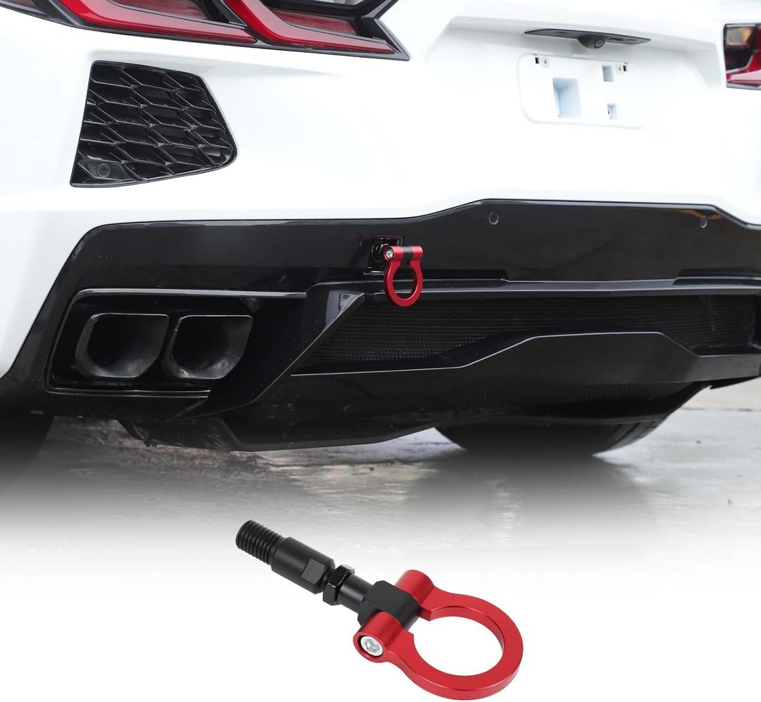 Rear Bumper Tow Hook Compatible with Chevrolet Corvette C8 2020-2026, Race Style Rear Tow Hook O-Ring, Exterior Tow Hook Trailer Hitch Accessories (Red)