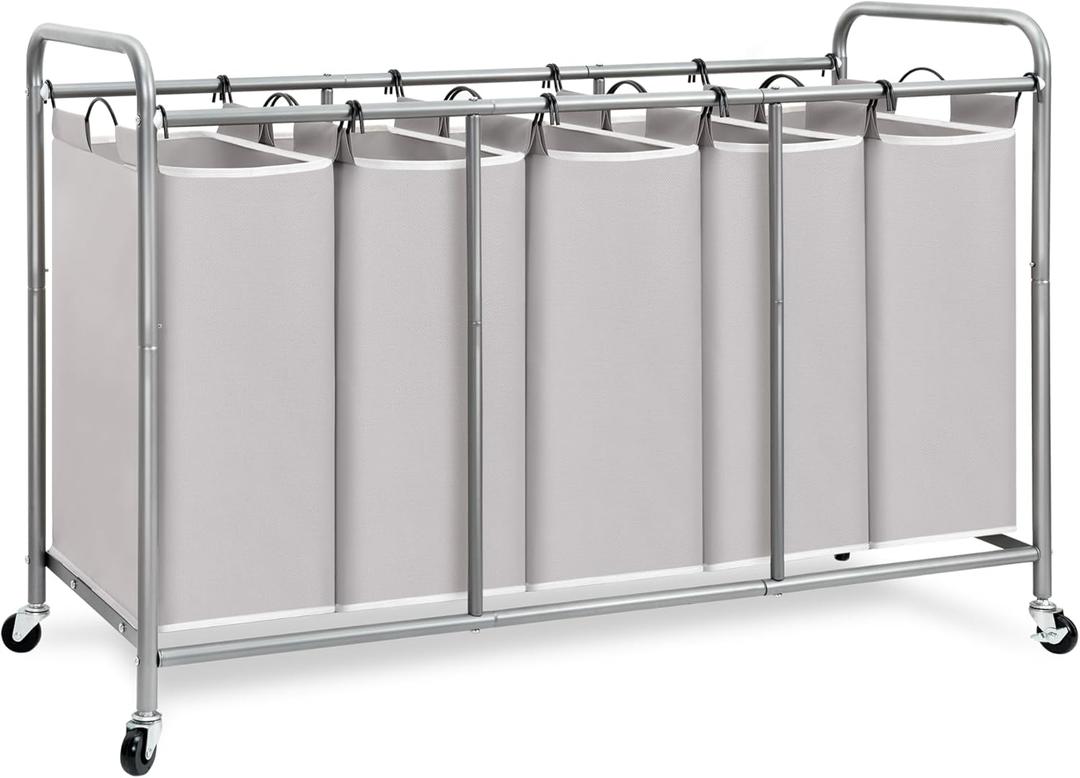 STORAGE MANIAC 5 Section Laundry Sorter, 5 Bins Rolling Separator Laundry Basket, Dirty Clothes Hamper Divider with Heavy Duty Rolling Lockable Wheels, Large Clothes Organizer Cart, Gray