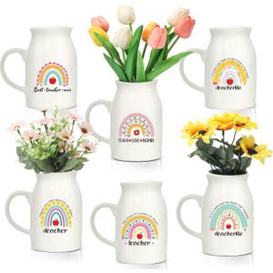 6 Pcs Teacher Appreciation Gifts Bulk Teacher Vase Thank You Gifts for Women Boho Rainbow White Ceramic Flower Plant Containers Bulk Table Decorations for End of Years Birthday(Flower Vase)