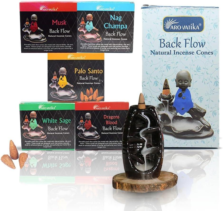 ARO VATIKA Backflow Natural Masala 50 Pack 'A' Incense Cones | 5 Different Assorted Fragrances of Nag Champa, White Sage, Dragons Blood, Palo Santo, Musk | Burn time- Approx 16-18 mins