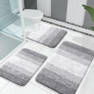 OLANLY Bathroom Rugs Sets 3 Piece, Soft Absorbent Microfiber Bath Mats and U-Shaped Contour Toilet Rug, Plush Shaggy Bath Mat Set for Bathroom (30"x20"+24"x16"+24"x20", Light Grey) (30" x 20" + 24" x 16" + U Shape 24" x 20")