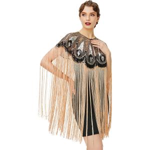 BABEYOND 1920s Shawl Wraps Long Fringed Evening Cape Sequin Beaded Party Shawl (Style 2 - Black Gold)
