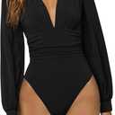 GORGLITTER Women's Sexy Ruched Deep V Neck Long Sleeve Bodysuit Plunging Neckline Leotard Shirts (Medium, Black)